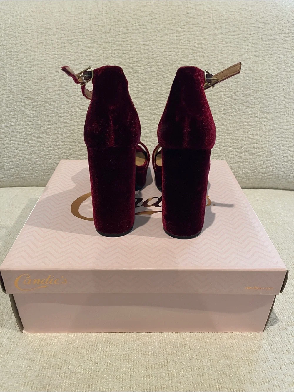 Candie’s Velvet Ankle-Strap Platform Heels - Wine Velvet